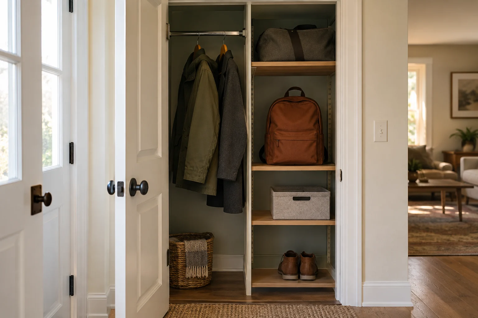 A rust-colored backpack in an accessible closet shelf bay beside hanging coats, with a spare bag stored above