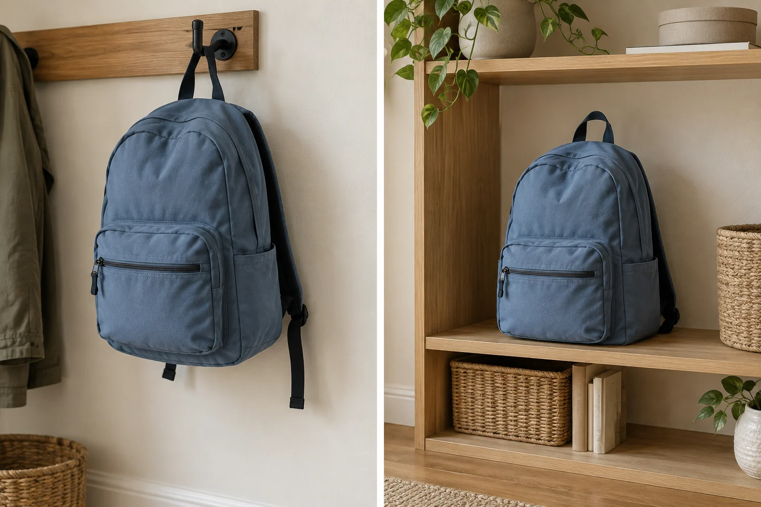 A blue backpack hanging by its carry loop from a wall hook and a matching backpack supported on an open shelf, showing bag depth and space above the handle