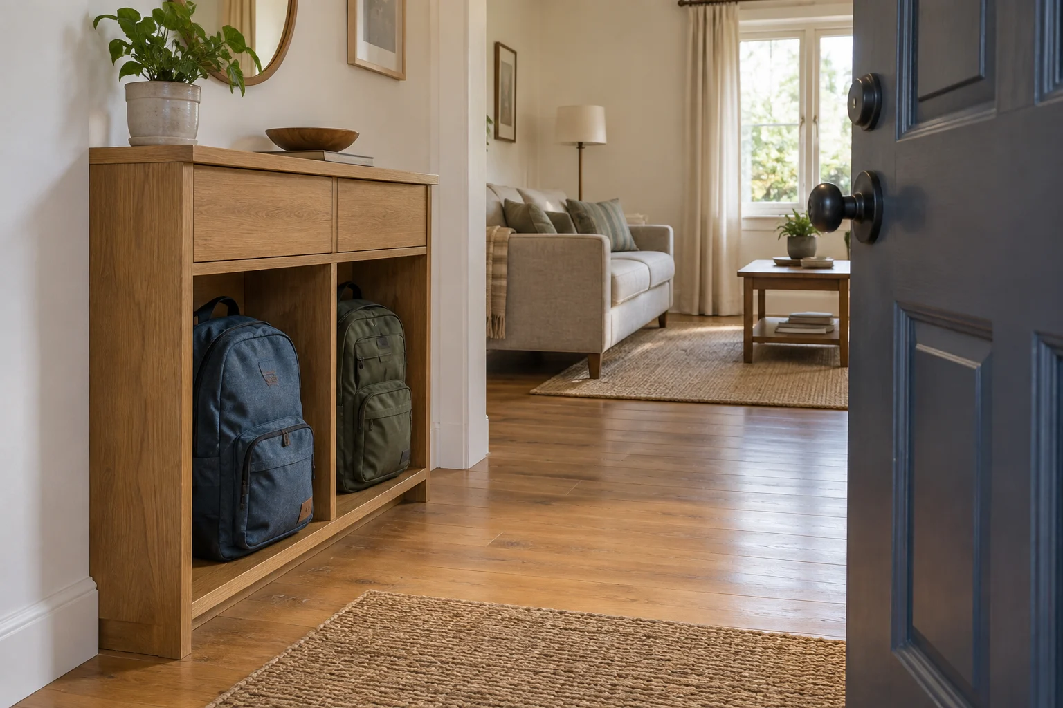 Two filled backpacks supported in open cabinet bays beside the entrance, with the doorway and walking space clear