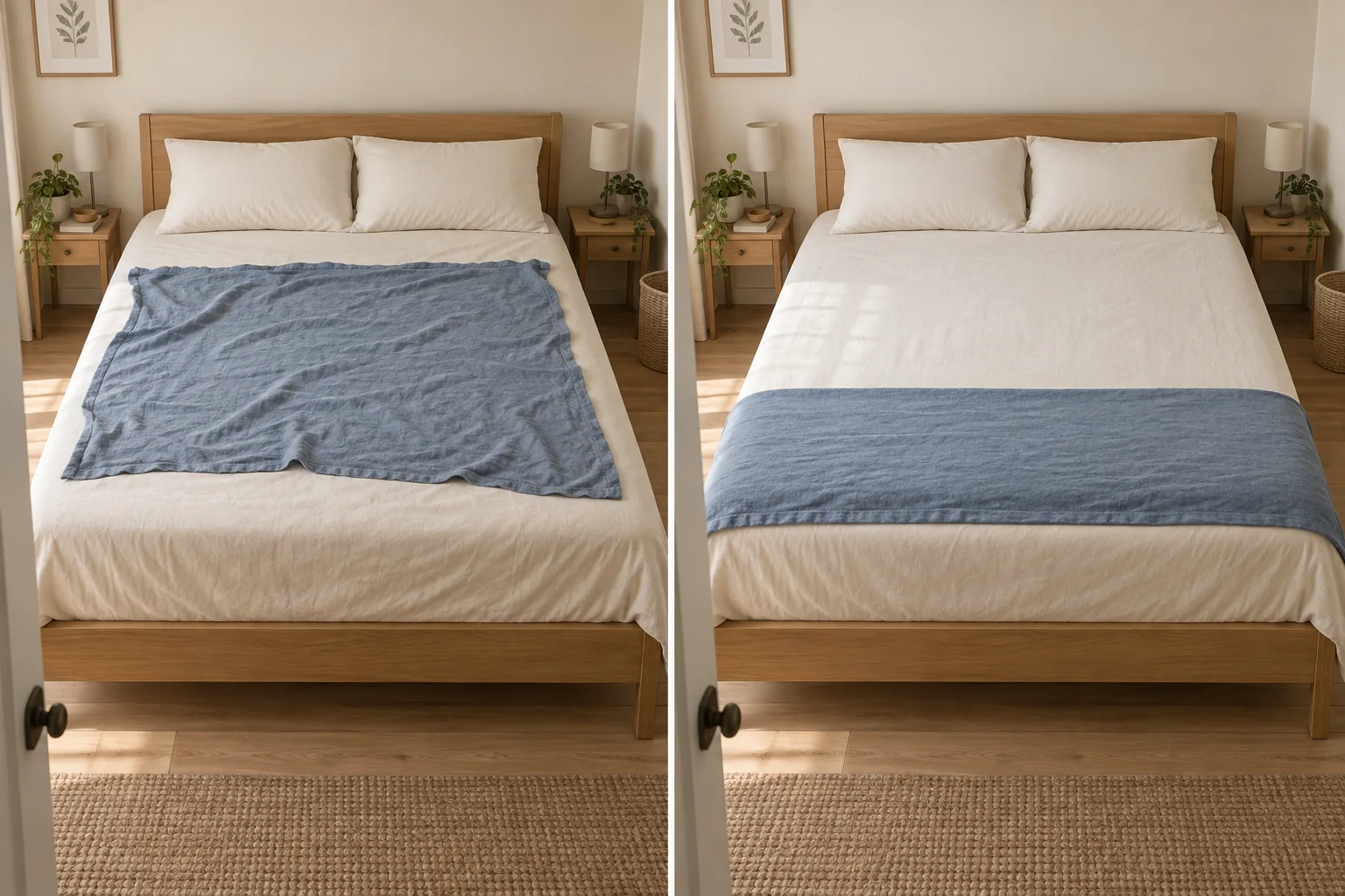The same undersized blue blanket centered awkwardly on a bed and then folded into a deliberate band across the foot