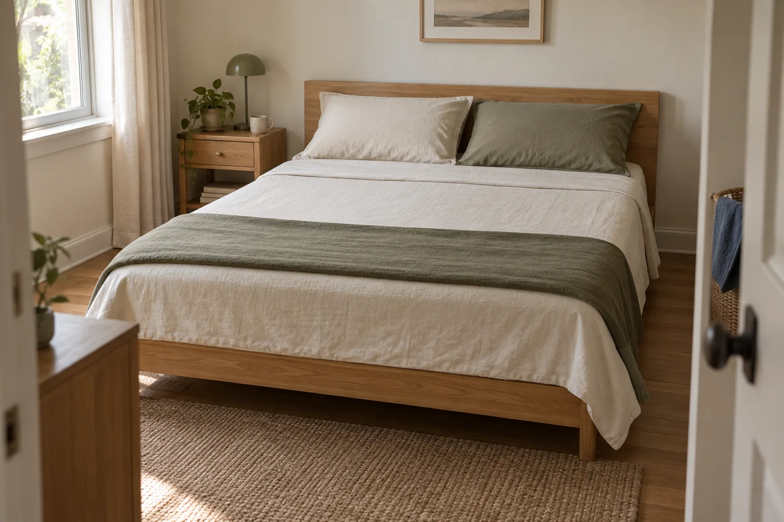 Compact bedroom with a neatly turned cream top sheet, two sleeping pillows, and a thin olive blanket folded across the foot of the bed