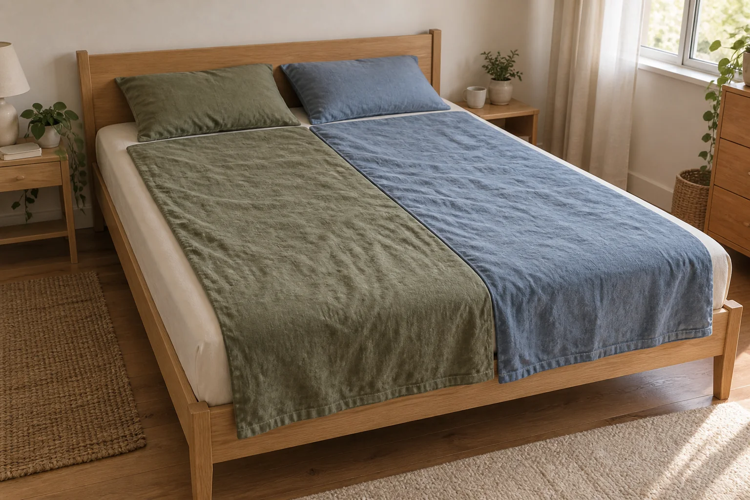 Double bed with separate olive and dusty-blue covers aligned on each sleeper's side over a shared cream fitted sheet