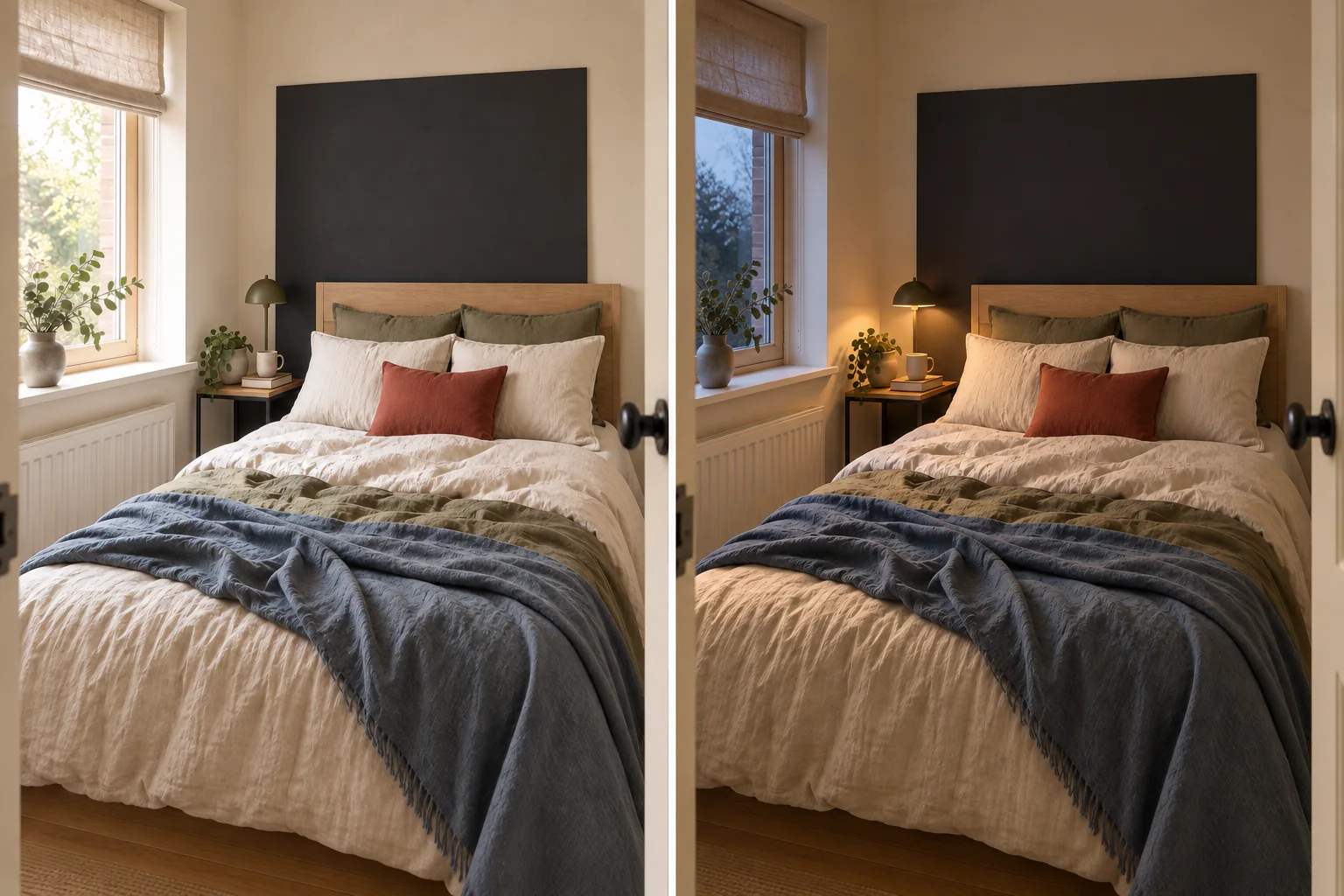 The same large black sample board behind a bedroom headboard in daylight and under the room's usual evening lamp