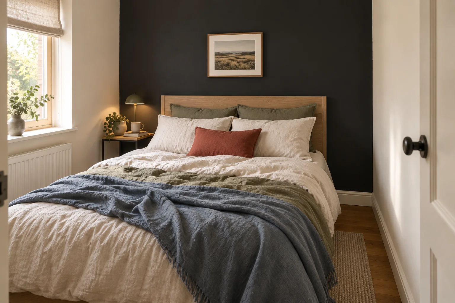 Compact bedroom with a soft-black wall behind a light-oak bed, shown beside cream walls, pale trim, warm timber flooring, and muted linen bedding