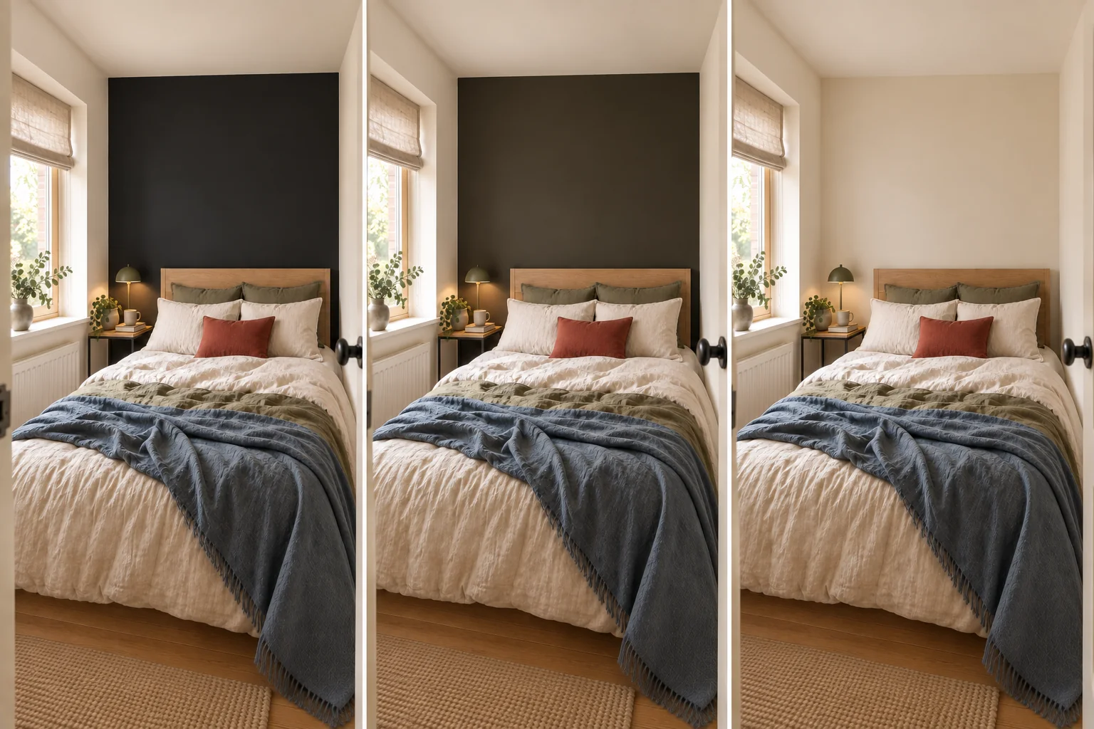 The same small bedroom compared with a soft-black wall, a warmer near-black wall, and the original cream wall