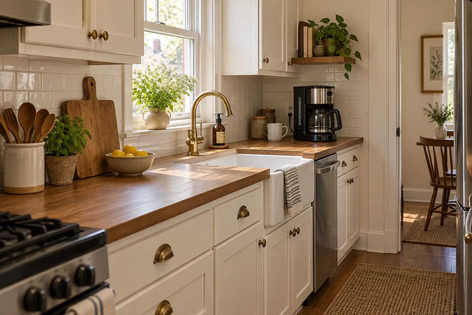 Small kitchen with a coffee maker parked at the end of the counter while the main preparation surface remains clear
