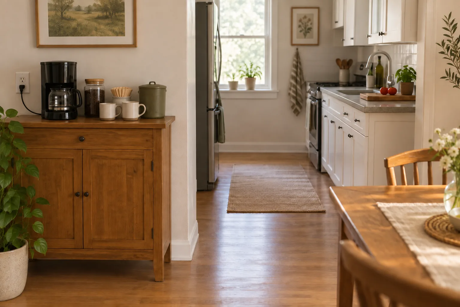 Coffee maker and daily supplies grouped on a sturdy cabinet beside a small kitchen, leaving the kitchen counter and walking path clear