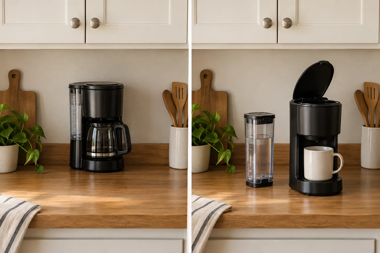 The same coffee maker shown parked beneath a cabinet and pulled forward with its lid open and water tank removed for use