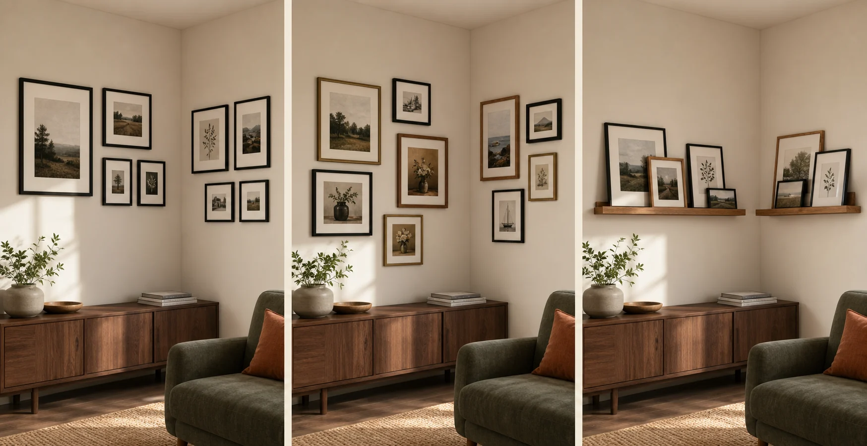 Three views of the same living-room corner comparing coordinated black frames, individually collected frames, and slim picture ledges