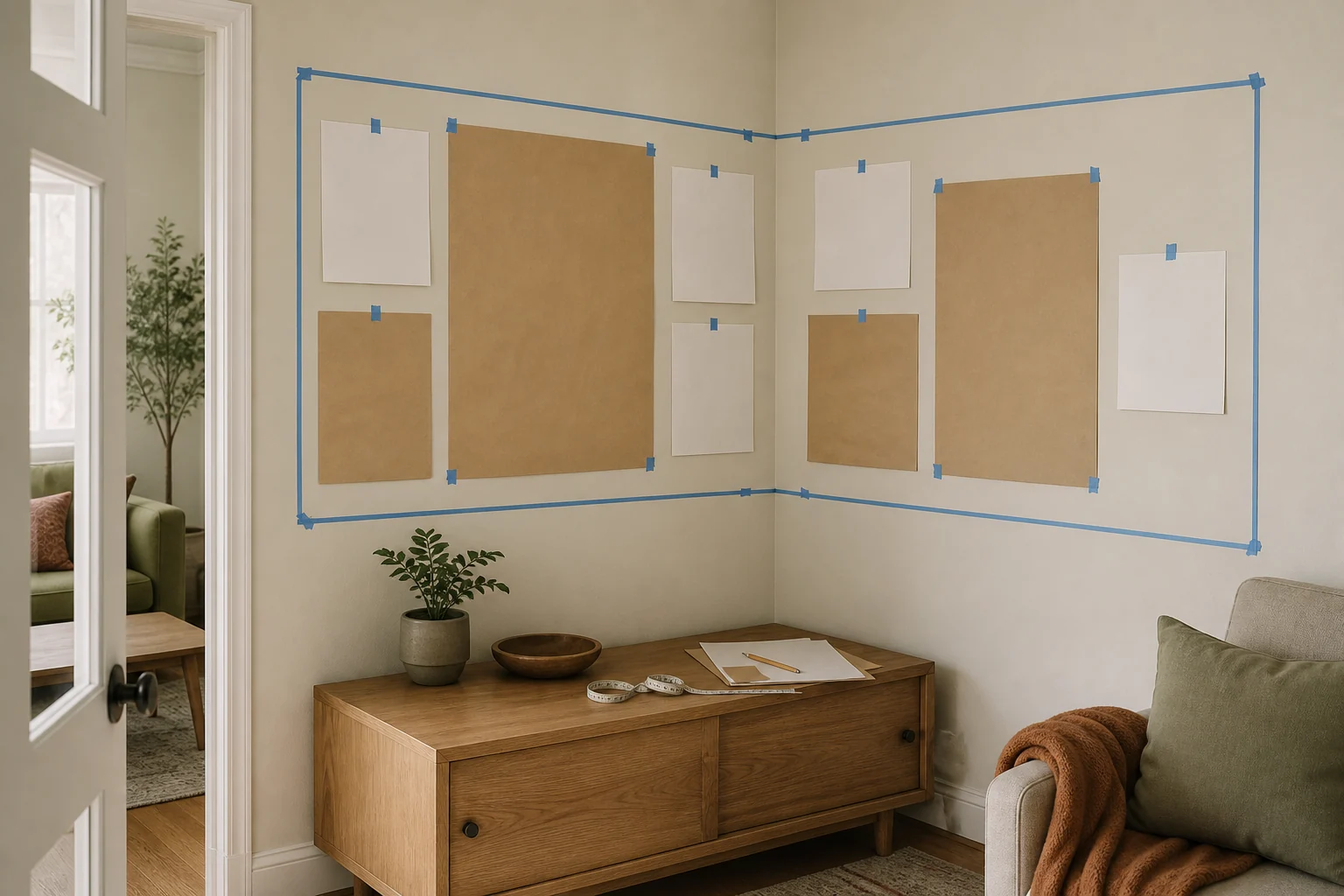Full-size kraft and white paper frame templates arranged across two corner walls inside a taped outer boundary