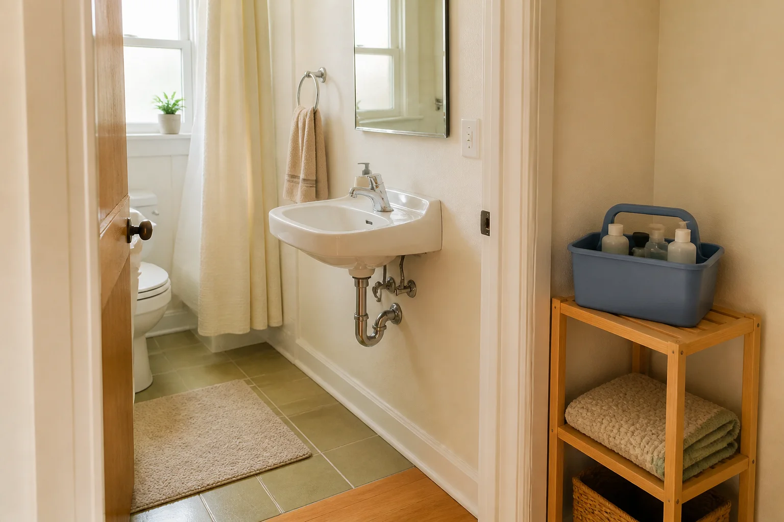 Bathroom with no counter space: a clear wall-mounted sink and a handled toiletry caddy on a shelf outside the doorway