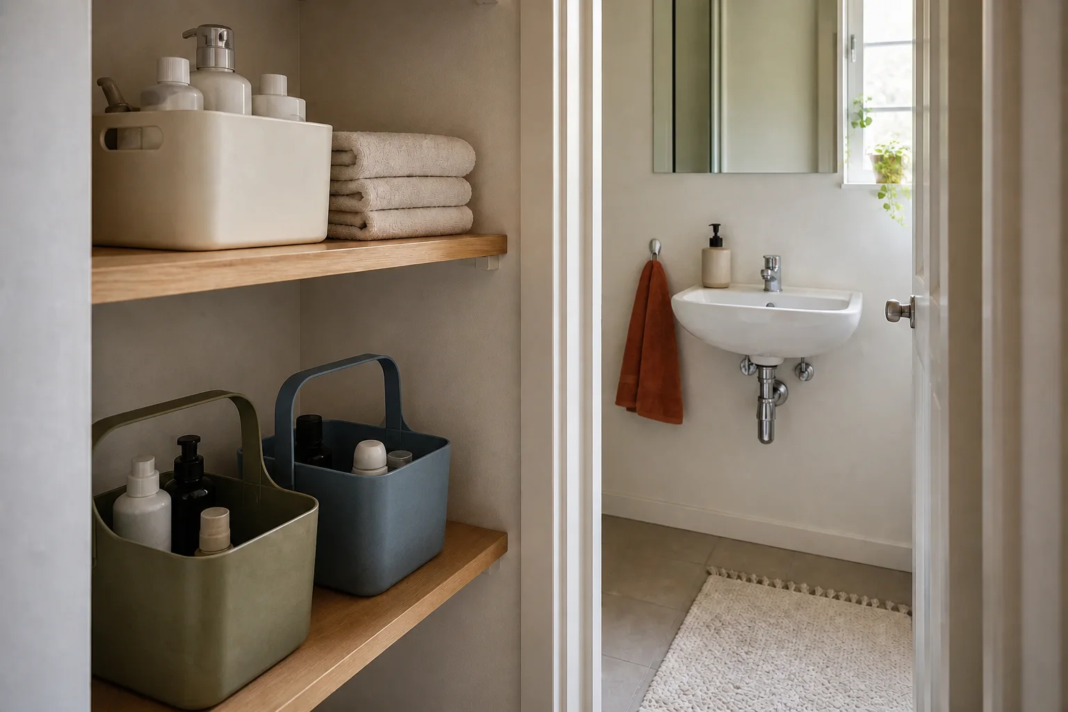 Two personal toiletry caddies stored separately in a hallway cupboard, with backups above and a clear shared bathroom sink visible nearby