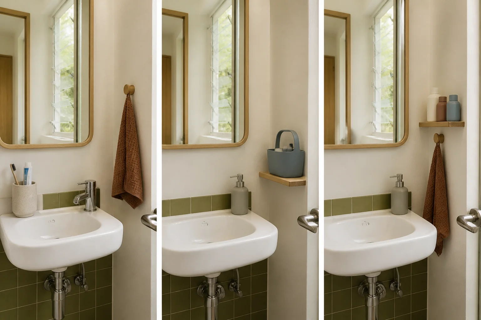 Three compact bathroom arrangements showing a small sink-side holder, a portable toiletry caddy on a nearby shelf, and a shallow wall shelf beside the mirror