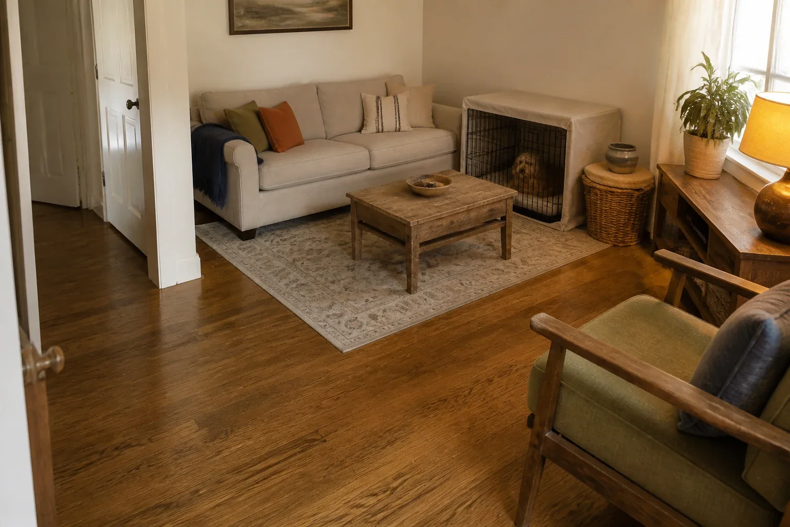Small living room with a generic dog crate along the wall and furniture shifted to keep the walkway clear