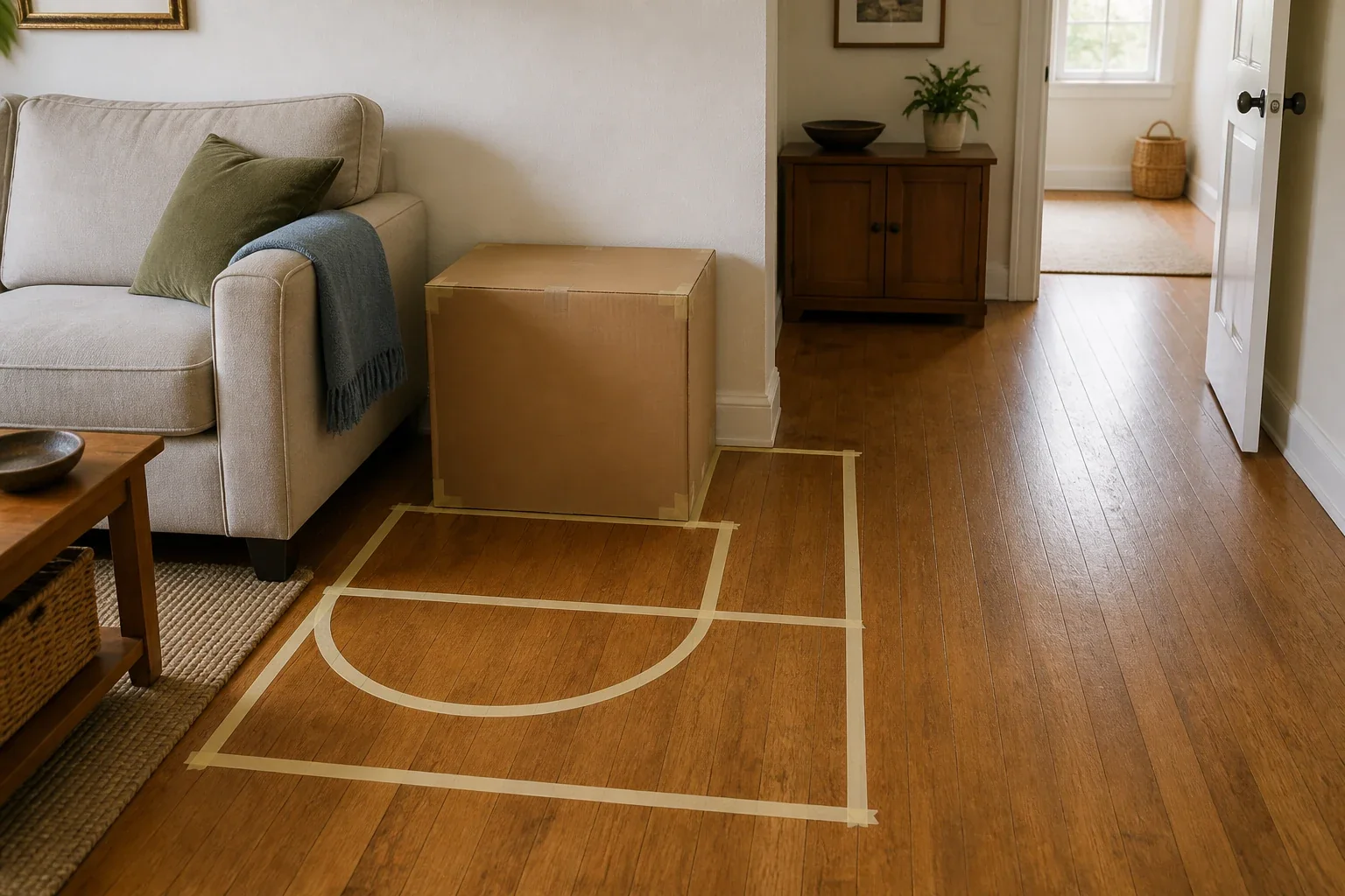 Painter's tape marks a dog crate footprint and open door on the floor beside a sofa and doorway