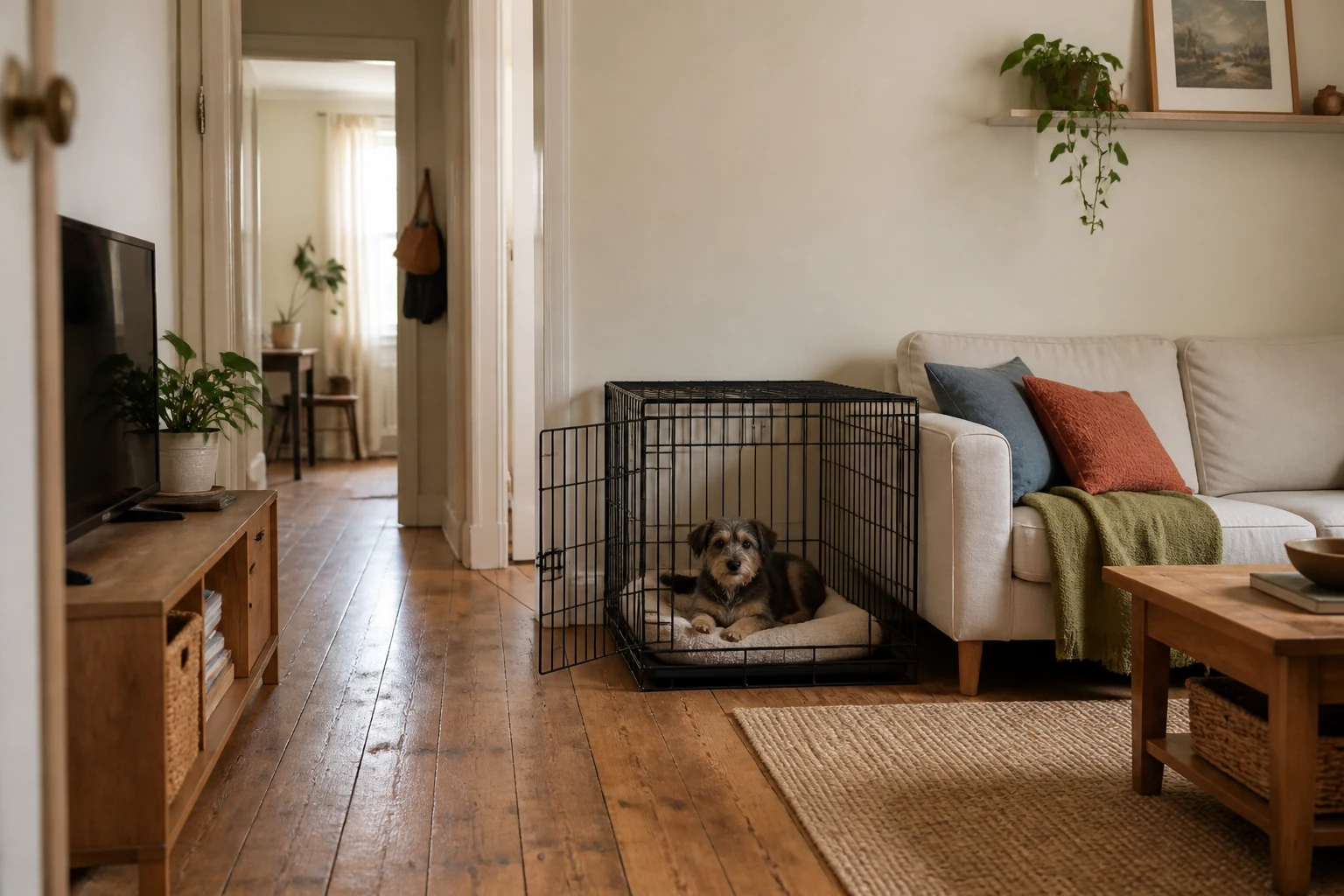 Wire dog crate beside a sofa in a small living room, with its door open near the walking path
