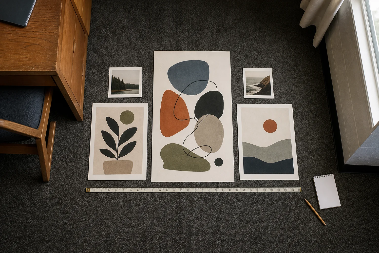 Paper prints and photographs arranged on a dorm floor around one larger piece, with even gaps and a measuring tape nearby