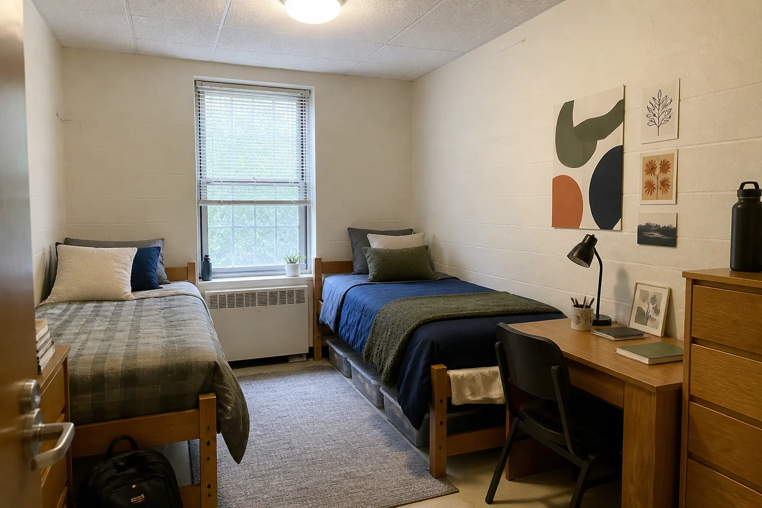 Small shared dorm room with paper wall art above a bed and desk, leaving the window and ceiling light clear