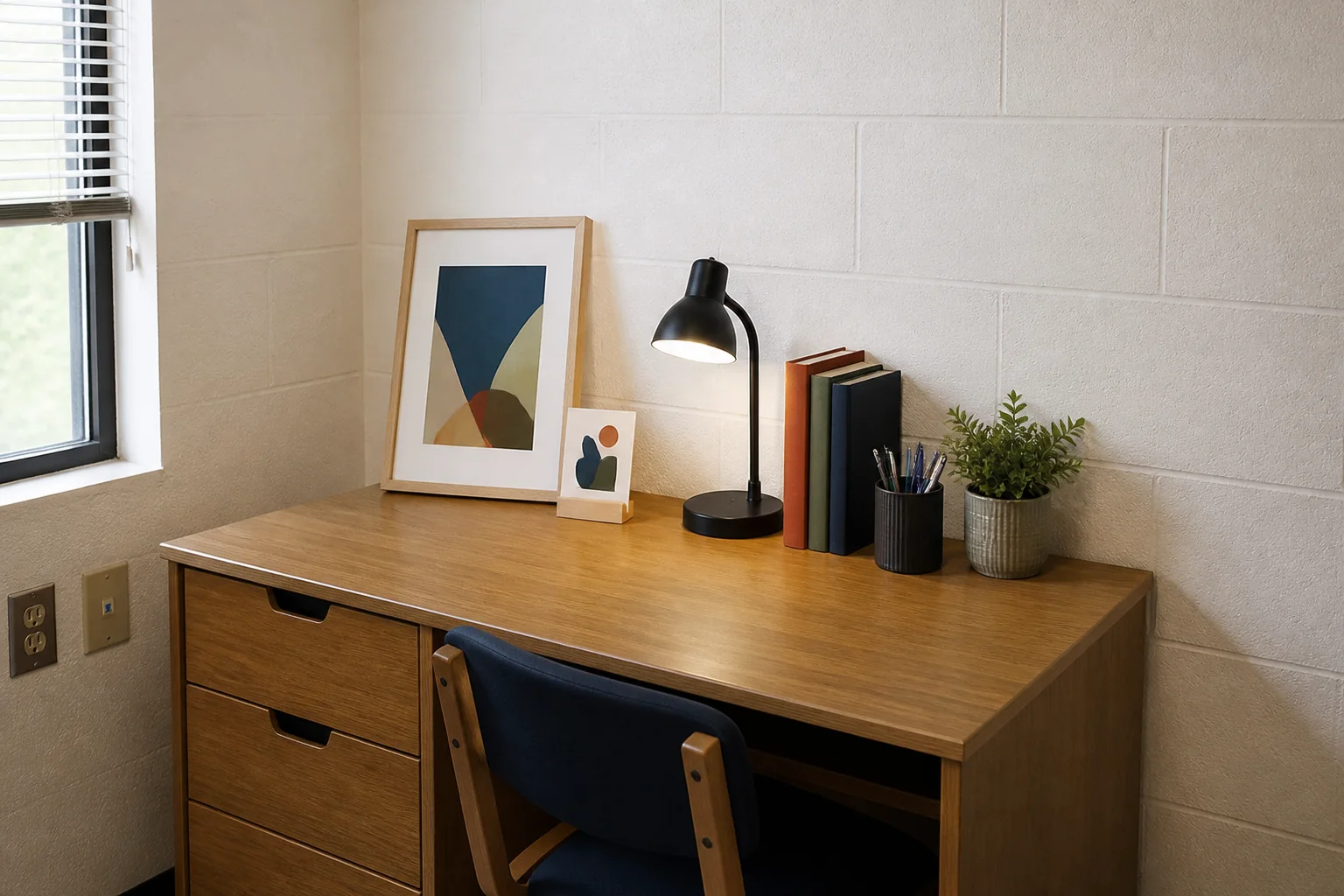 A dorm desk with a leaning lightweight frame and a small freestanding art display against an untouched wall, leaving room to work