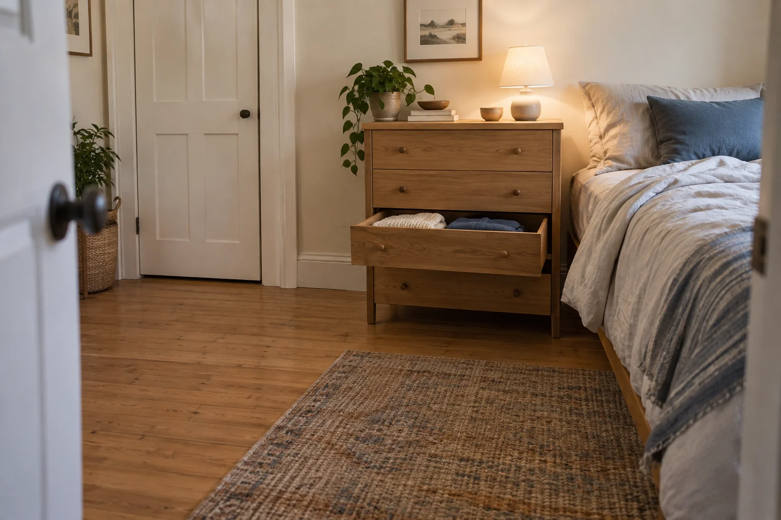 Low dresser beside a bed with one drawer open toward clear floor space and the bedroom and closet doors unobstructed