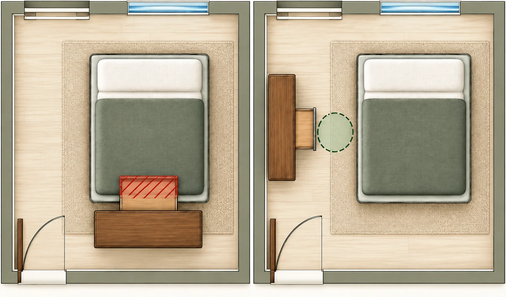 Two plans of the same small bedroom: a dresser drawer collides with the bed at its foot, but opens toward standing space when the dresser moves to the side wall