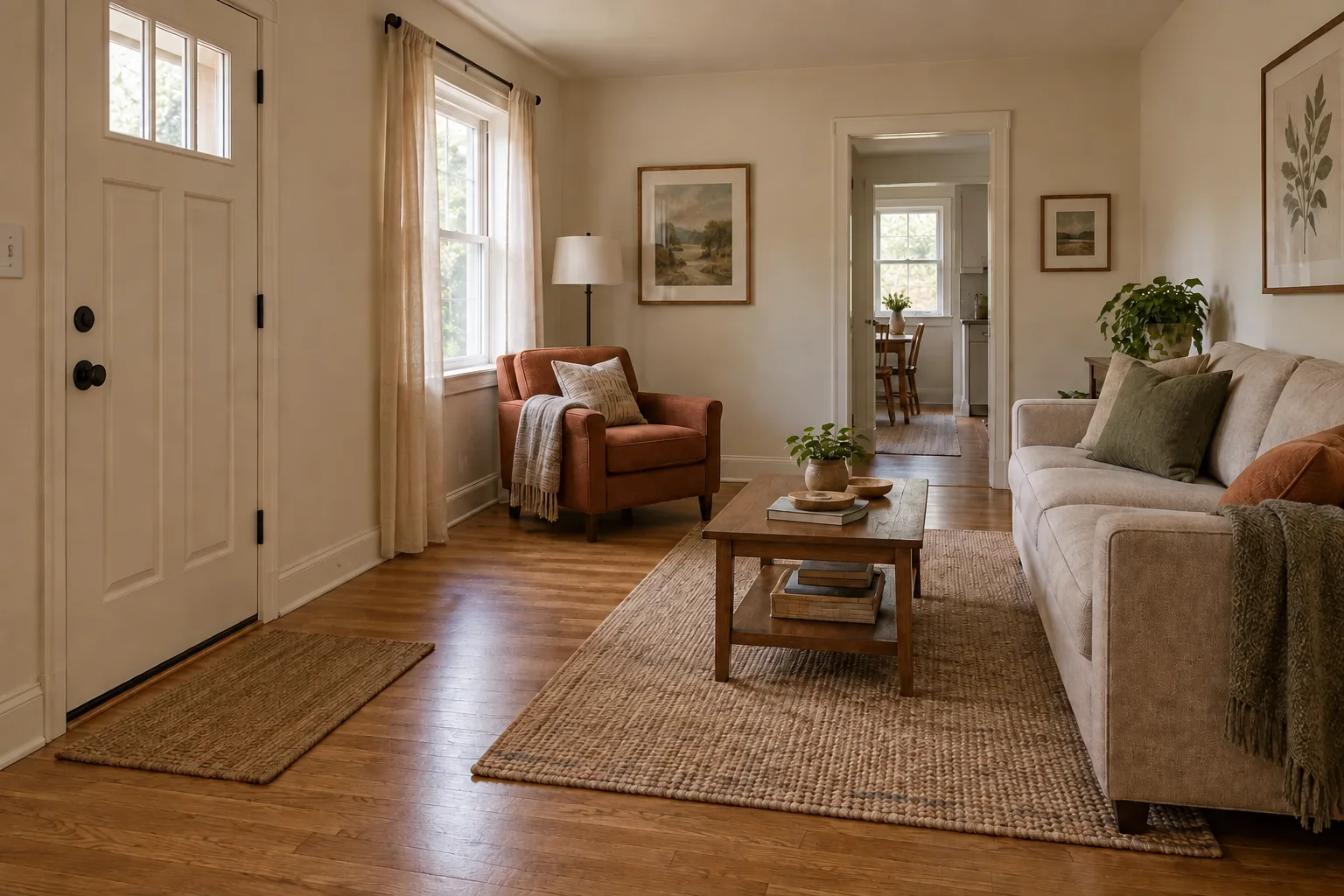 A front door opens directly into a living room, with the sofa against the side wall and an open route to the kitchen beyond.
