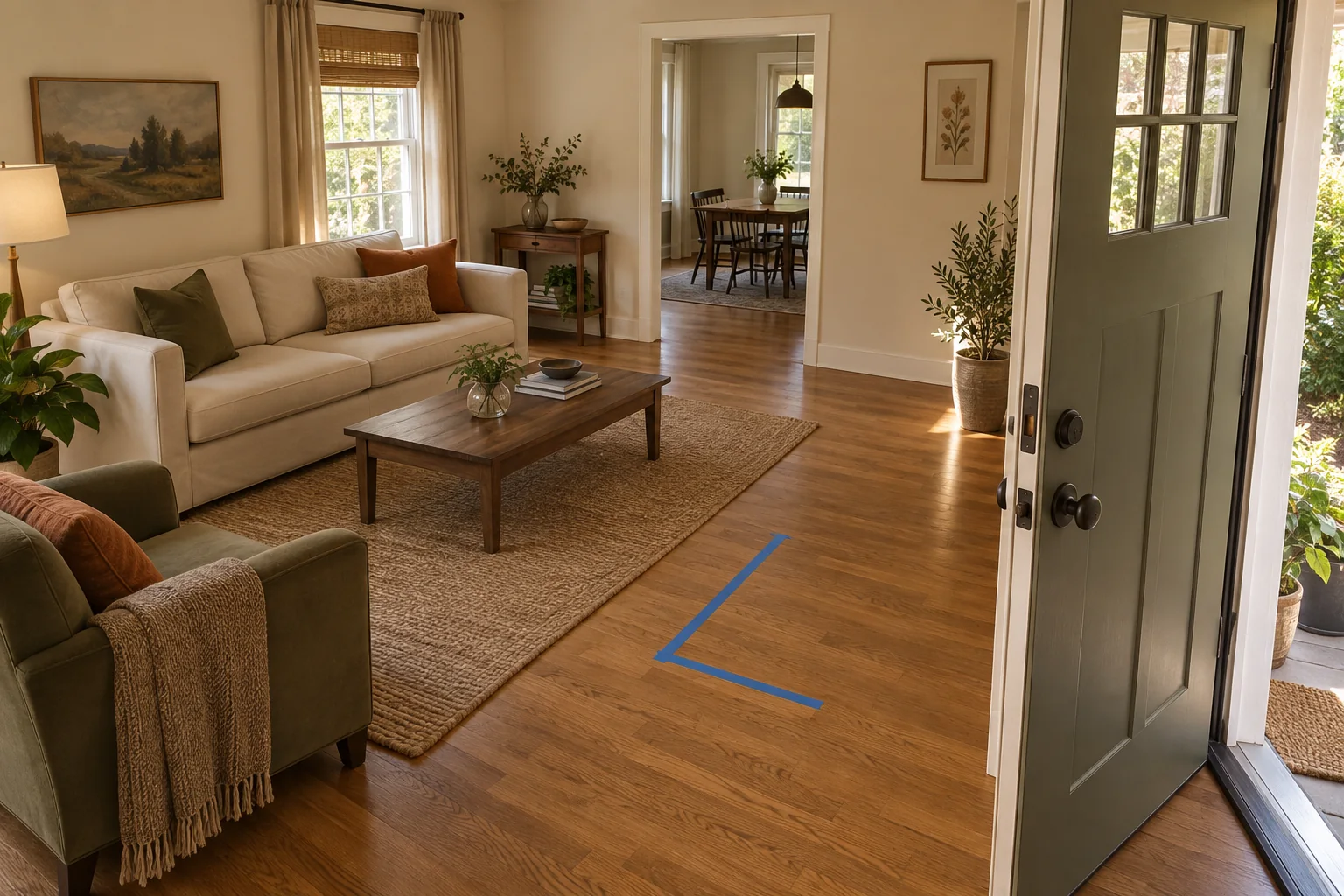 Blue painter's tape marks a proposed half wall on the living room floor while the front door and seated furniture remain in place for a route test.