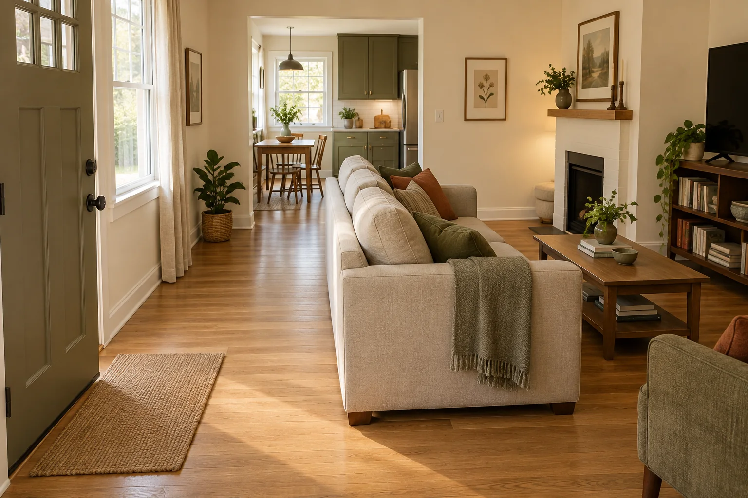 A sofa set across the room leaves a clear passage along its back from the front door toward the kitchen.
