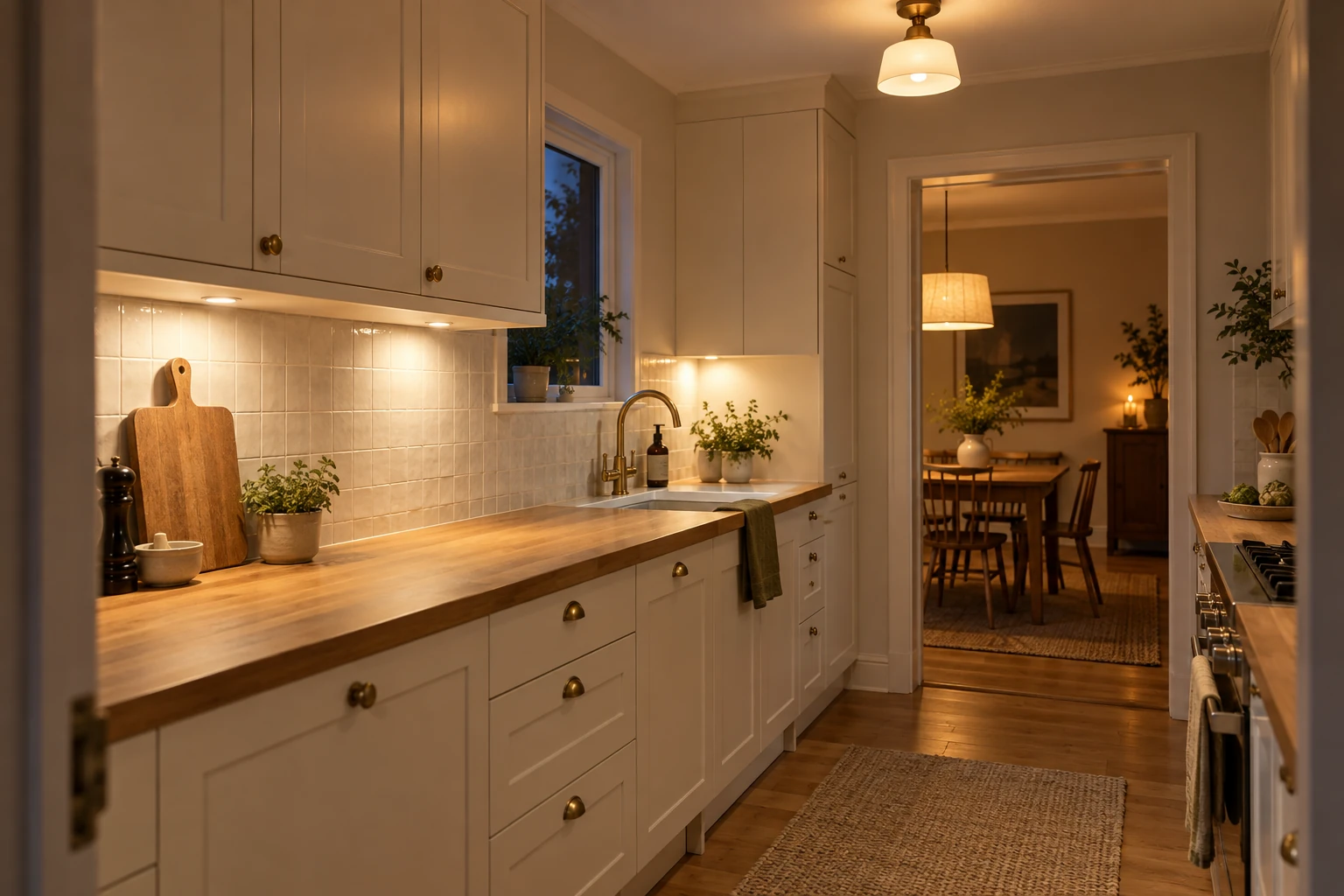 An illustrative cream-and-wood kitchen at evening with a clear preparation counter, under-cabinet lights and a warmly lit dining room beyond.