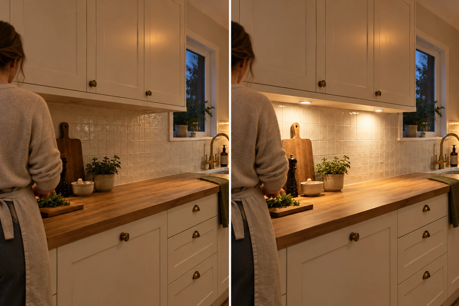 The same person and kitchen counter shown with under-cabinet lights off on the left and on on the right.