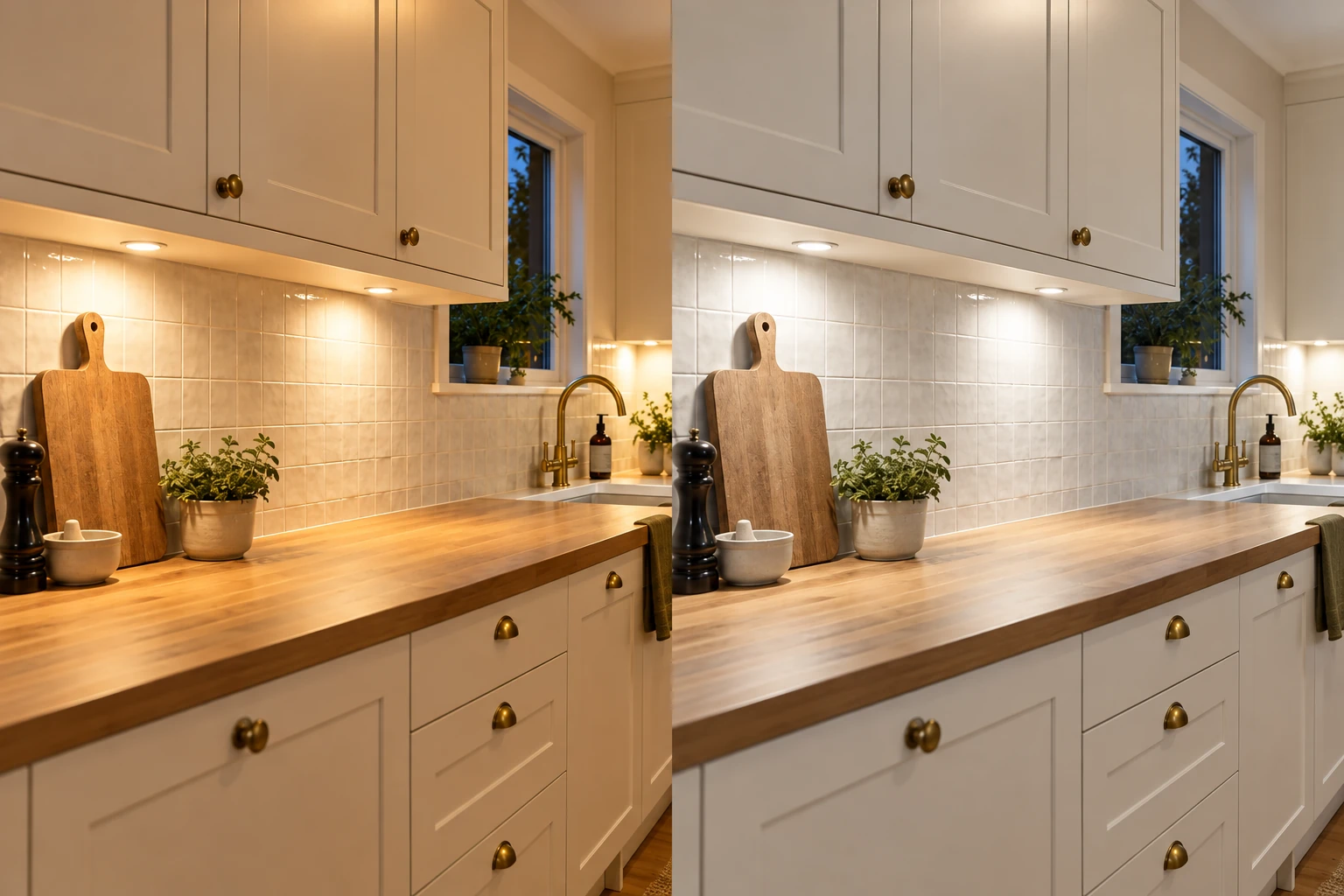 Close views of the same cream cabinets, tile backsplash and wood counter under warmer light on the left and cooler light on the right.
