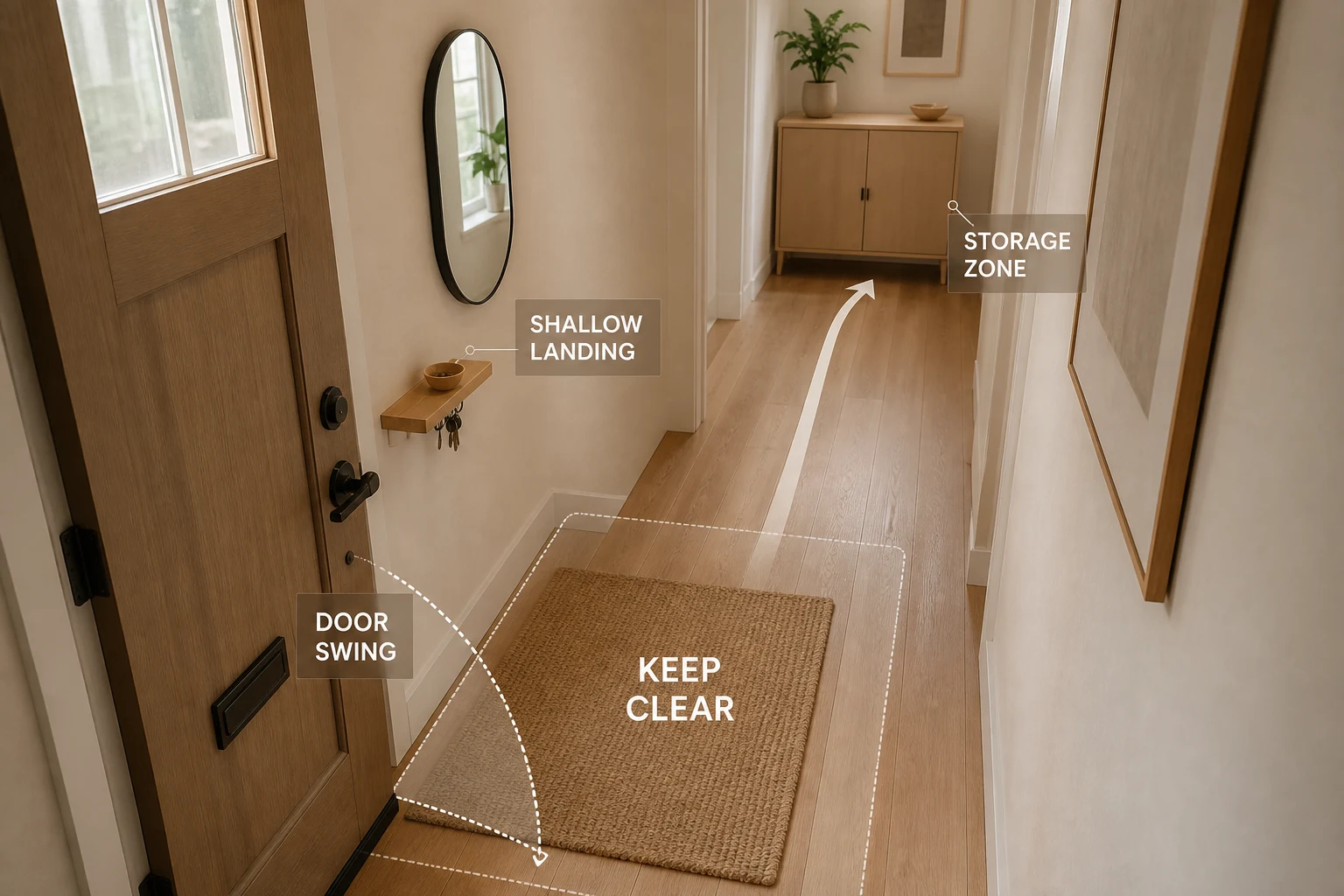 Narrow entryway layout showing the clear walking route, door swing, wall-mounted key landing, and storage farther down the hall