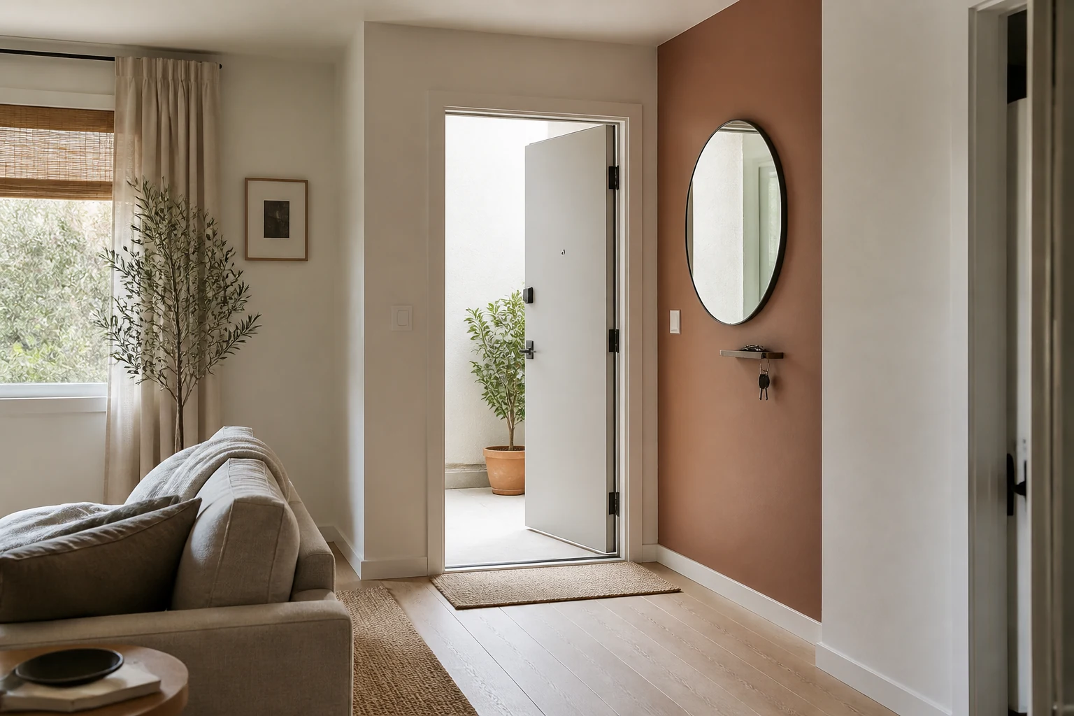 Open-plan living room entrance defined without furniture by a thin mat, accent color, mirror, and shallow key shelf