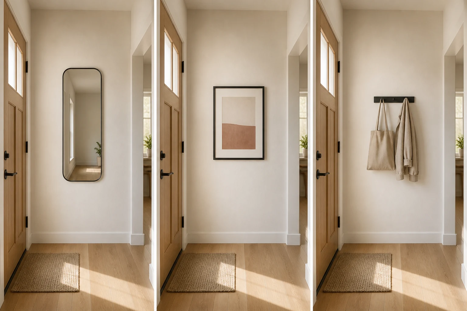 Three furniture-free narrow entryway wall arrangements using a mirror, artwork, or a short hook rail