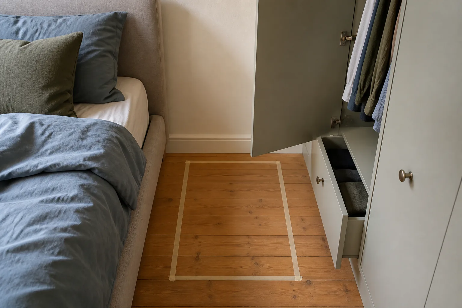 Painter's tape reveals that a proposed bedside footprint conflicts with an open wardrobe door and drawer