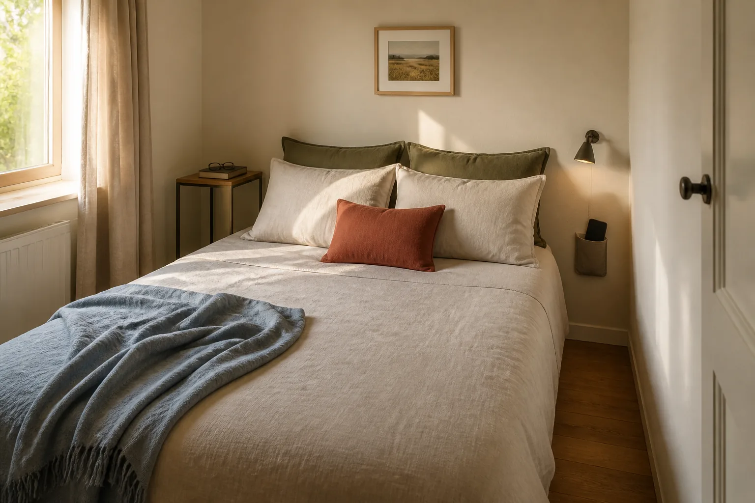 Shared bed with a narrow open stand on one side and a wall light with fabric pocket on the other