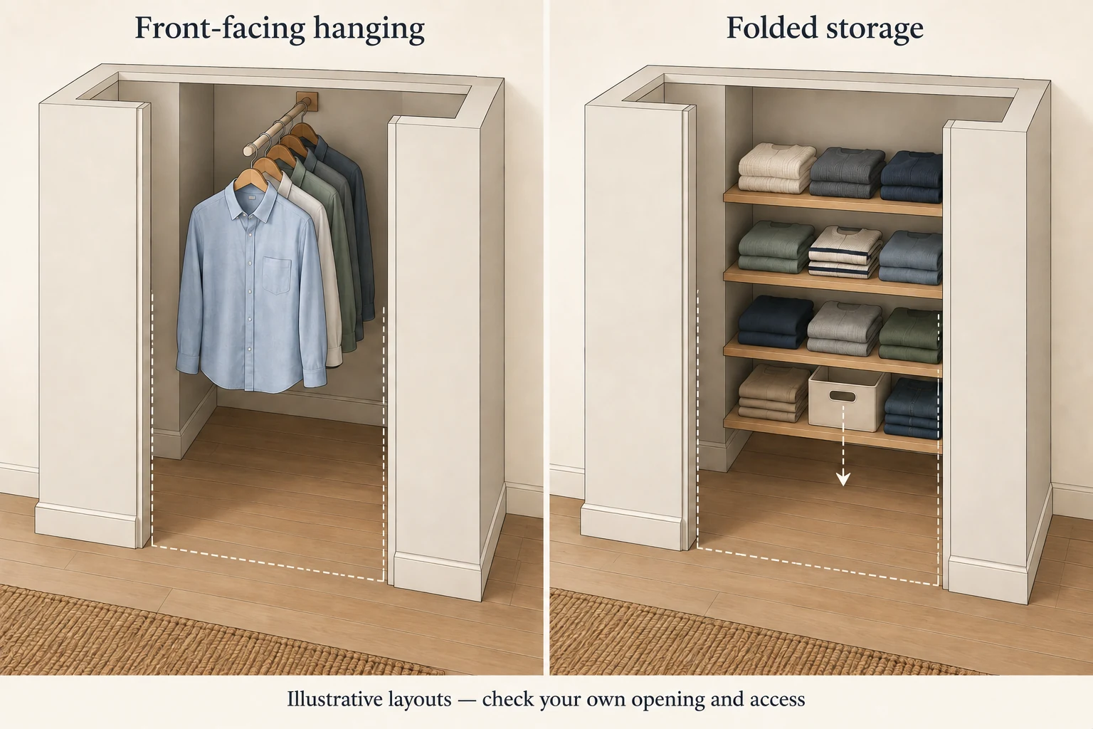 Two views of the same closet opening compare shirts facing forward on a front-to-back rail with shallow shelves of folded clothes and a removable bin.