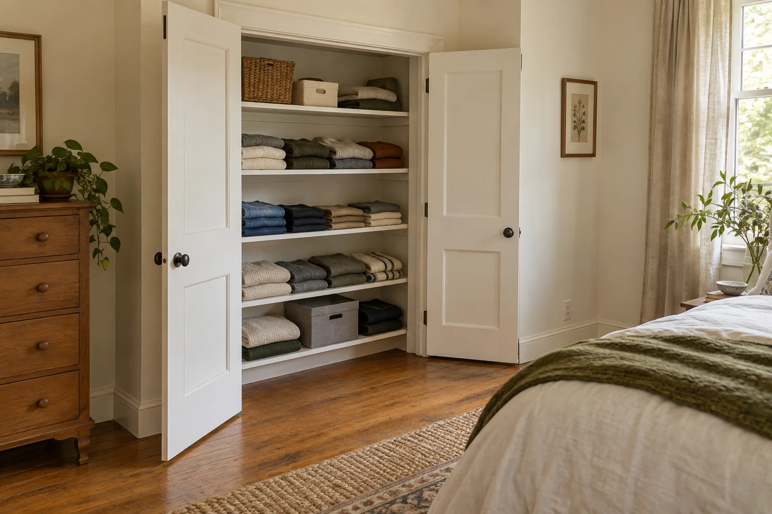 Shallow built-in bedroom closet with folded clothes on shelves, open doors and clear floor beside the bed.