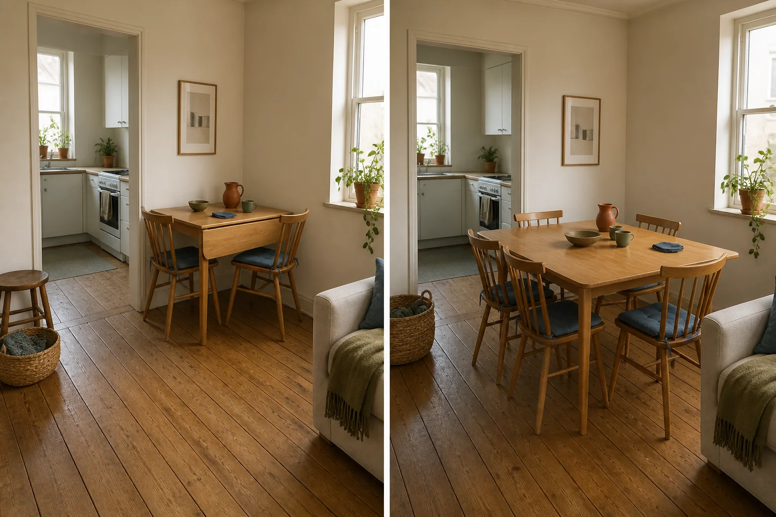 A wall-kept table set for two and expanded for four, showing the furniture and floor space that must change for guests