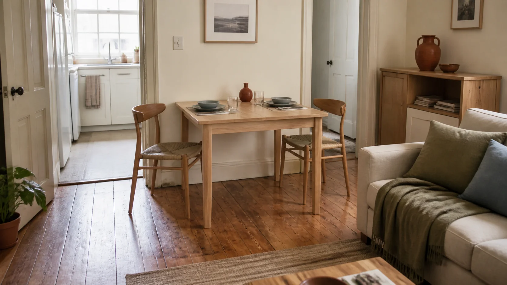 Small apartment dining area for two beside the kitchen, with the main walking route left open