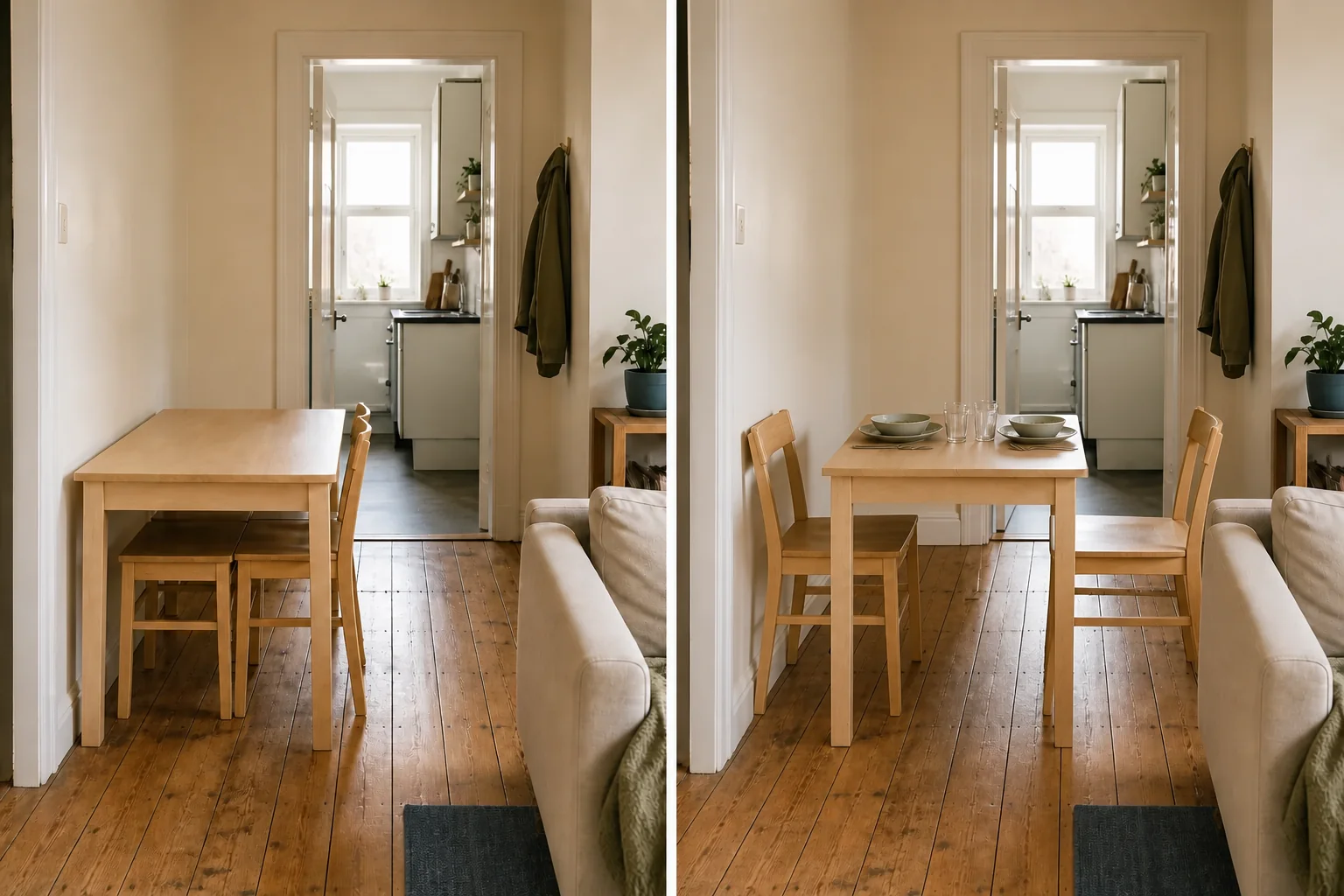 Small apartment dining table with chairs tucked in and pulled out, showing how occupied seating narrows the walking route