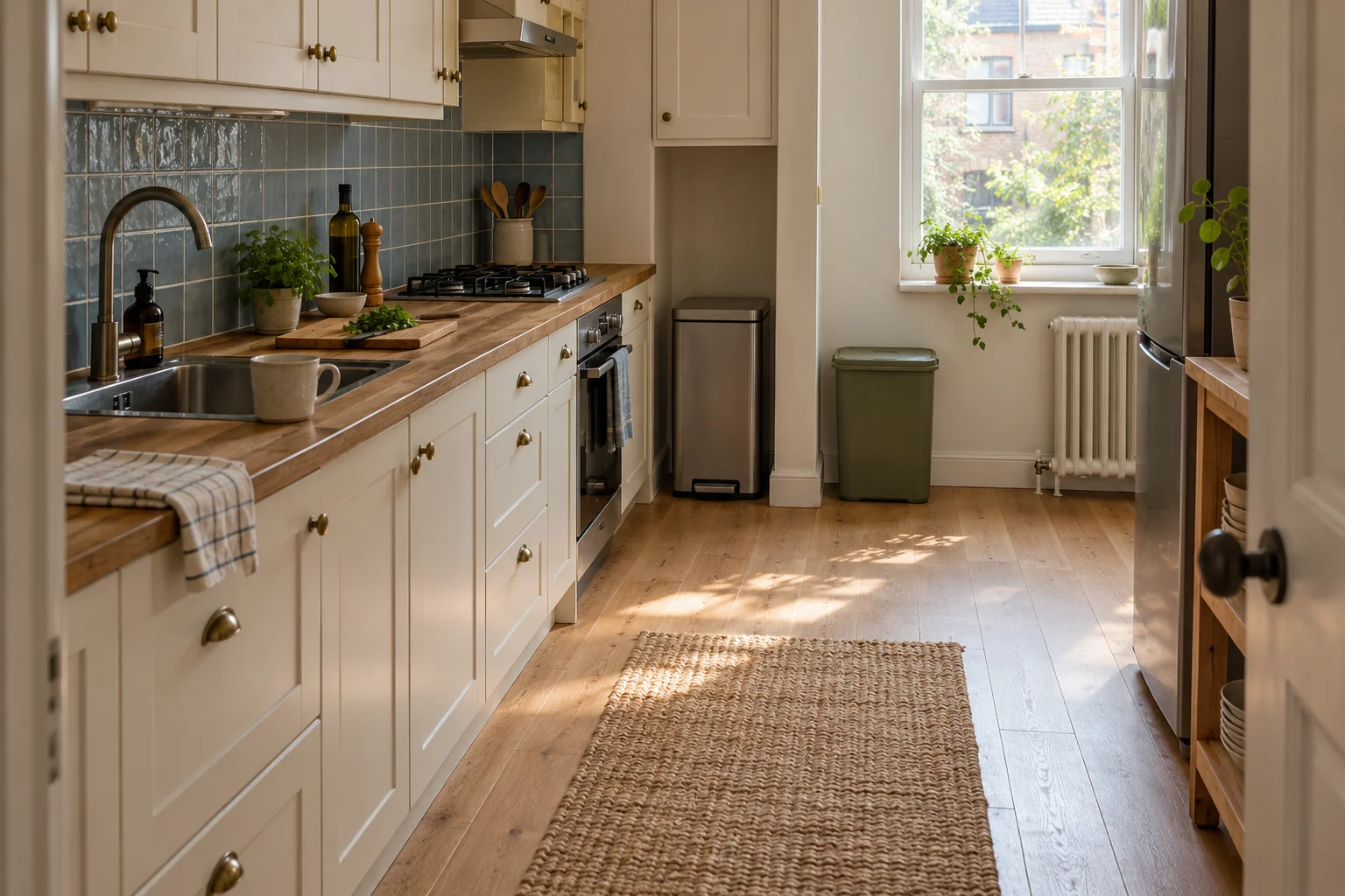 Small kitchen with a trash can at the end of the cabinets and a separate olive recycling container against the far wall, leaving the counter and walking route clear