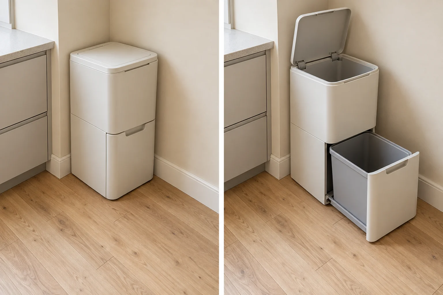 A generic vertical sorting unit shown closed and with its upper lid and lower drawer open, revealing the extra space needed for access and removal