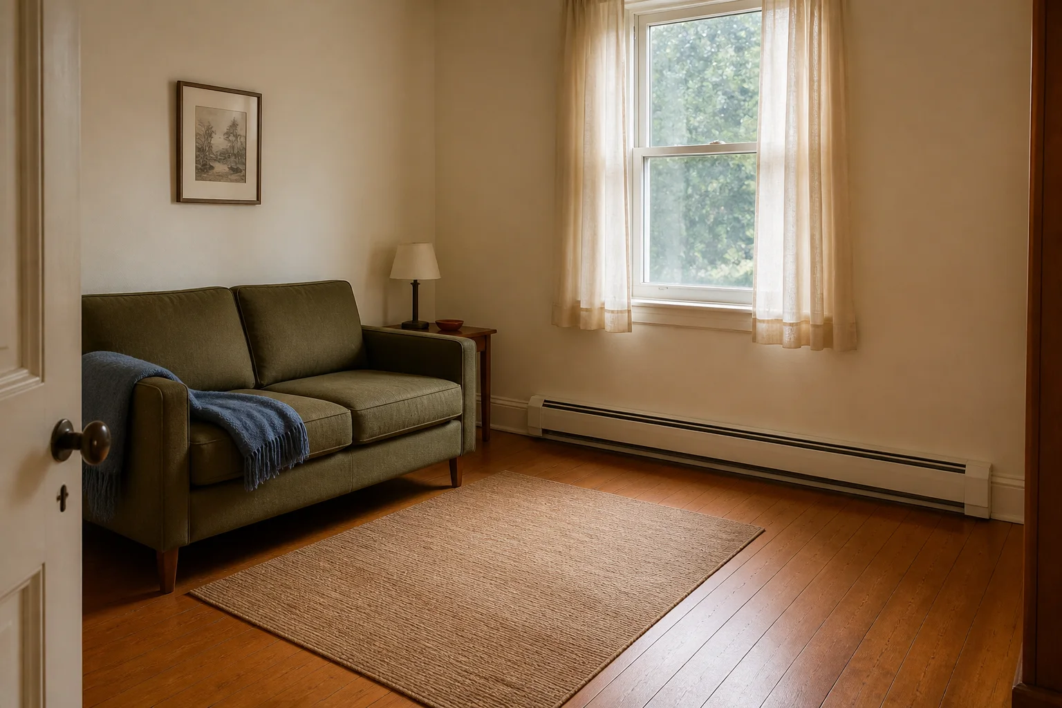 Small living room with a sofa on an unheated wall, an unobstructed baseboard heater, and an open walking route