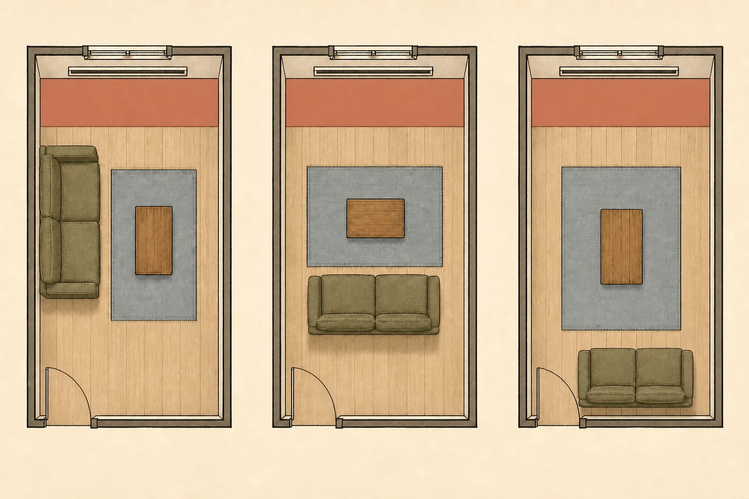 Three top-down room plans comparing a sofa on another wall, a floated sofa, and a sofa opposite the heated wall