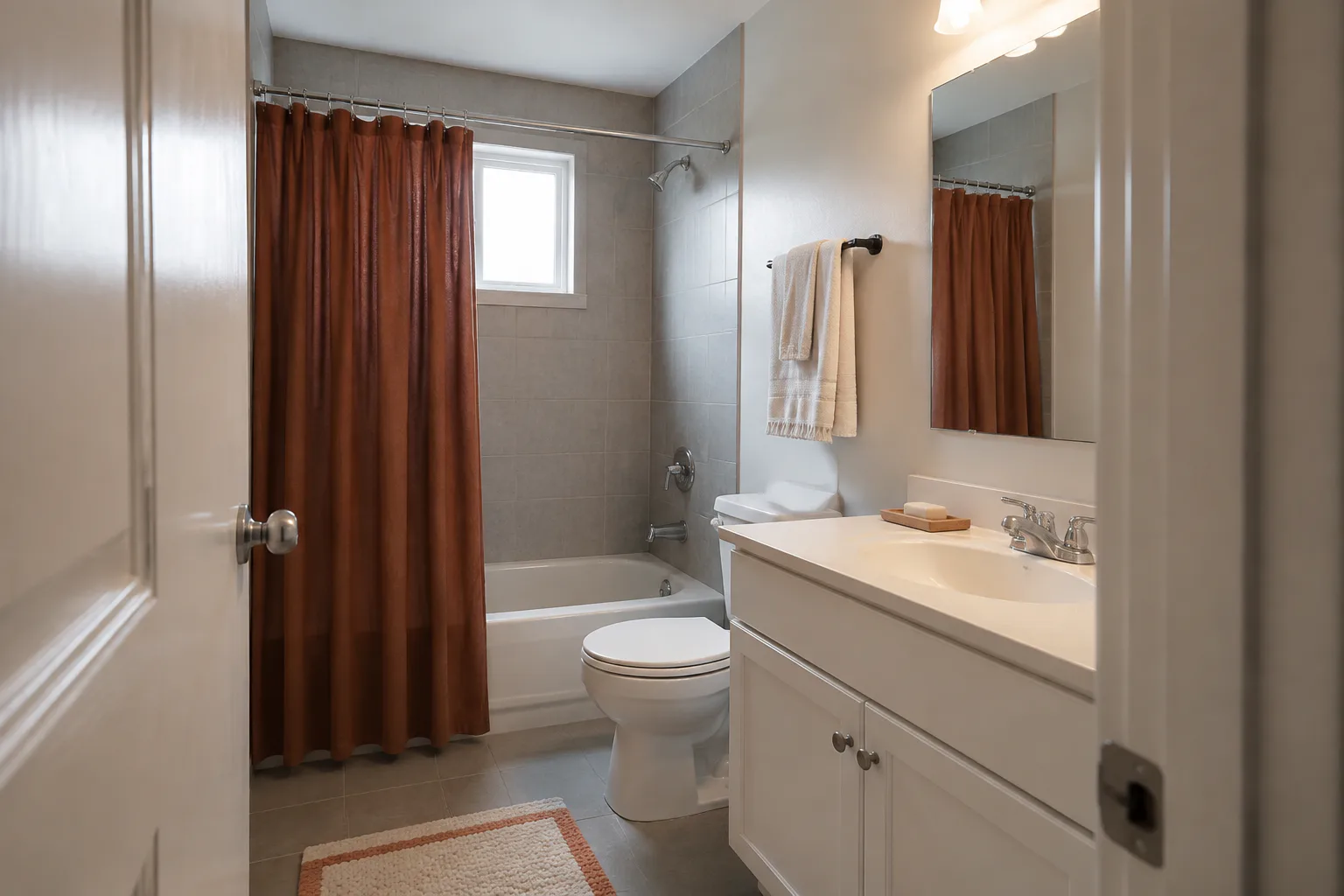 Small gray rental bathroom warmed with a muted rust shower curtain, cream towels, and a low-pile washable mat while the original tile and vanity remain unchanged