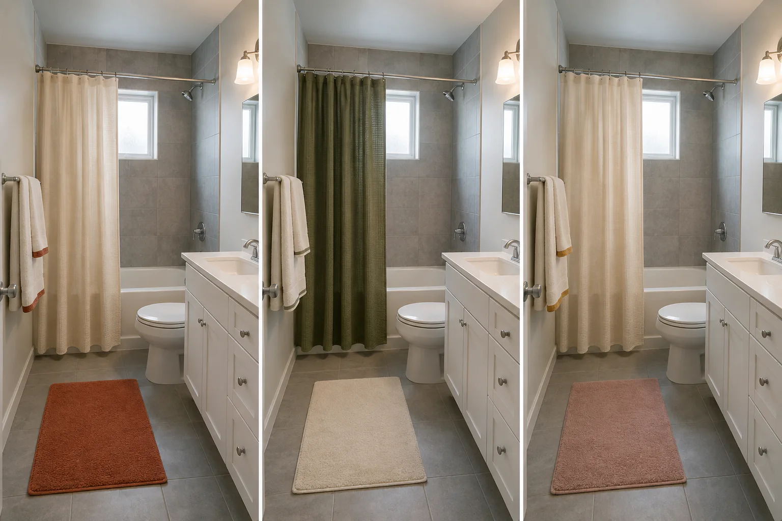 The same cool-gray rental bathroom tested with three textile palettes: muted rust, muted olive, and restrained dusty rose with ochre