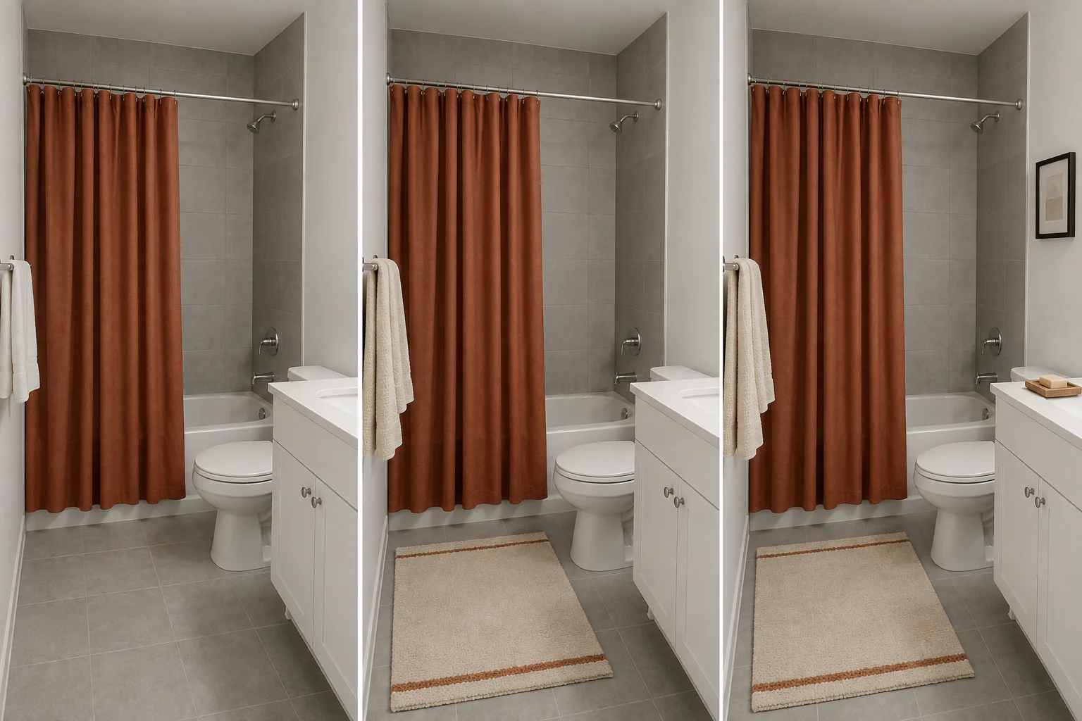 Three-stage view of one gray rental bathroom adding a warm shower curtain first, matching mat and towels second, then one small accent while keeping surfaces clear
