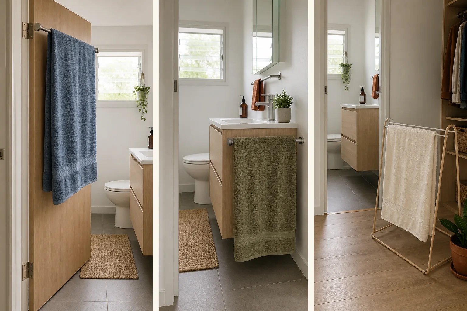 Three small-bathroom towel-drying options: a door rail, a vanity-side rail, and a freestanding rack outside the bathroom