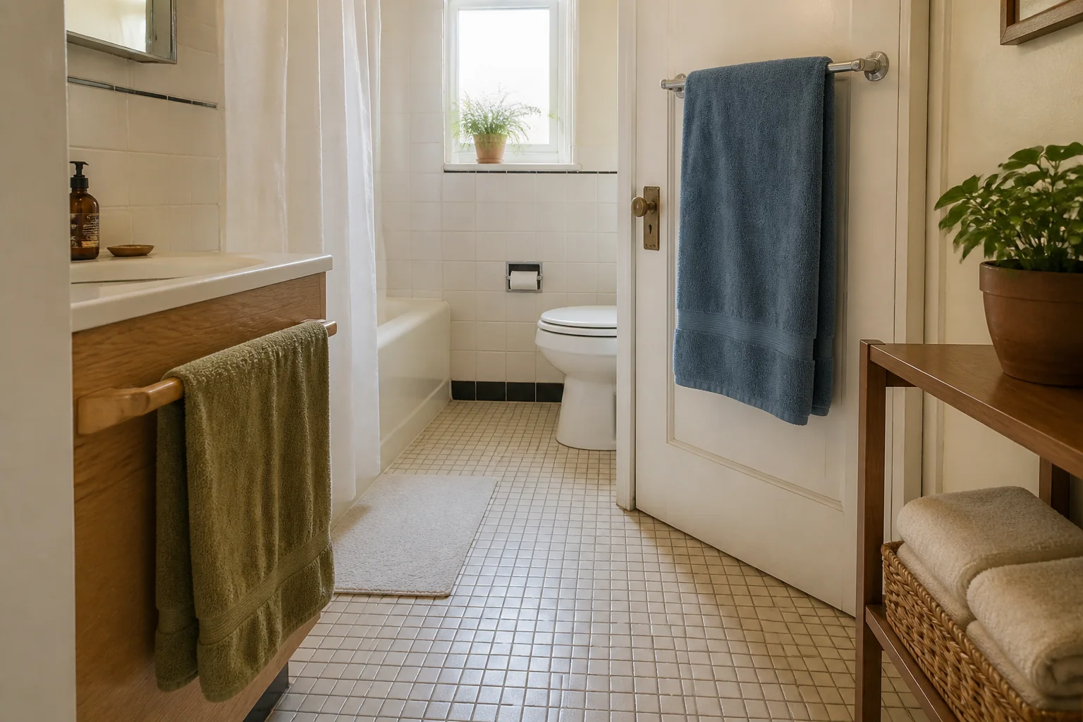 Small shared bathroom with wet towels drying separately on a vanity rail and door rail, while clean towels sit in a basket